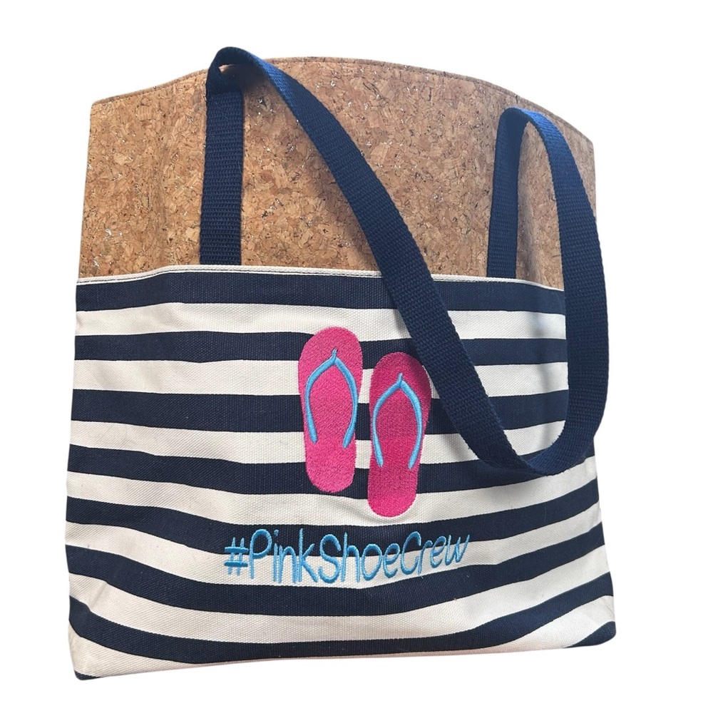 Thirty-One Getaway Tote Bag Cabana Stripe Navy White Pink Cork Nautical FlipFlop